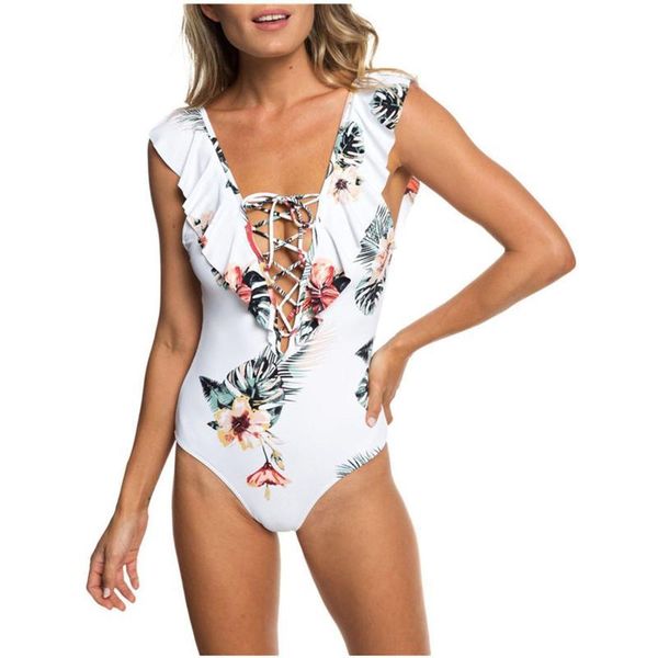 

bikinis women designer v-neck floral printed ruffle lady bathing clothes beach swimwear female clothing summer one piece, White;black