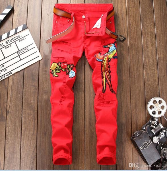 

new men's bird embroidery straight jeans patch hole style slim motorcycle causal denim stitch creases style fashion jeans 573, Blue