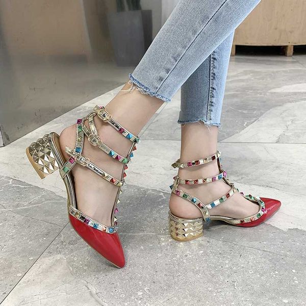 

dijigirls women rivet sandals summer thick heel pointed toe fashion women wedding party shoes high heels red female pumps, Black