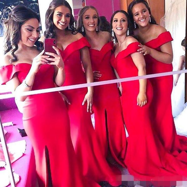 

red elegant off the shoulder mermaid bridesmaid dress satin front slit sweep train 2019 custom made plus size wedding maid of honor gown, White;pink
