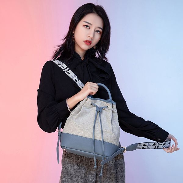 

canvas women backpack 2020 new women's string school bags simple japanese college style contrast color ladies bucket travel bag