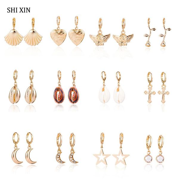 

shixin small bohemian earrings gold/silver fashion heart/rose/moon/star/cross/shell earrings for women drop earring boho jewelry