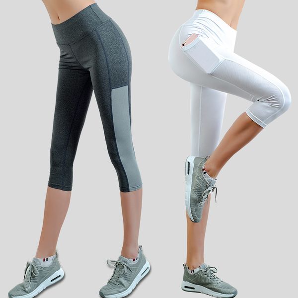 

psvteide women capri leggings side pocket design yoga-pants high waist mesh 3/4 leggings compression tights women's fitness, Black;blue