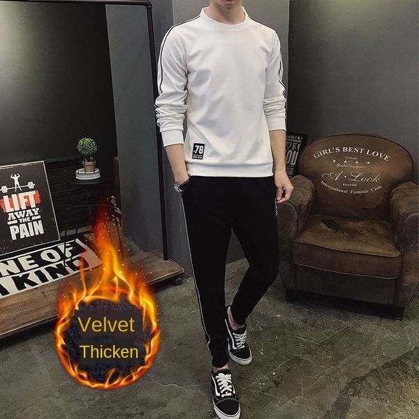 

mens designer winter leisure sports suit plus velvet padded warm two-piece suit, White;black