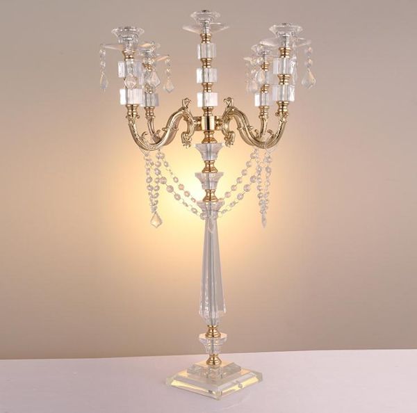 5 Kafa Metal Mumluk Altın / Gümüş Kaplama Şamdan Kristal Masa Candelabras Ev Otel Düğün Centerpieces Dekorasyon SN2469