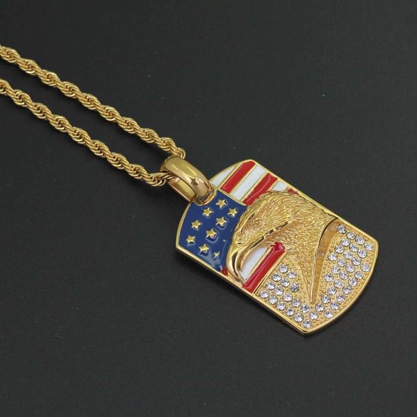 Mode-p USA Flagge Adler Diamanten Anhänger Halsketten für Männer Frauen amerikanischen Edelstahl Luxuxhalskette Cuban Kette Hundemarke Schmuck