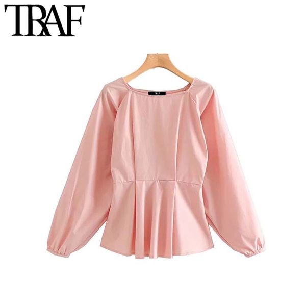 

traf women vintage elegant office wear pink blouses fashion o neck puff sleeve side zipper female shirts sweet chic, White