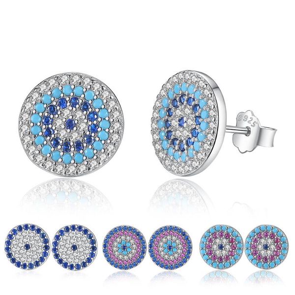 

authentic 925 sterling silver blue eye round stud earrings for women cubic zirconia crystal lucky turkey earring fashion jewelry, Golden;silver