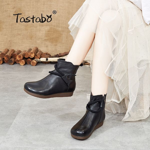 

tastabo genuine leather ladies ankle boots vintage style flat boots soft bottom women's side zipper s96818 brown black