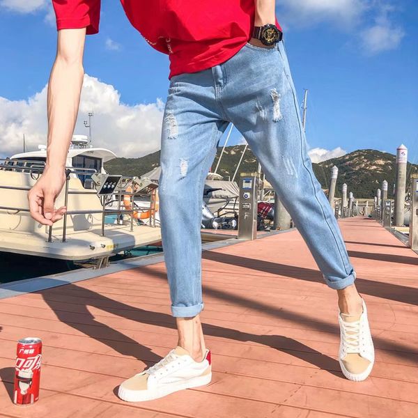 

hip hop sweatpants skinny denim pants 2019 summer autumn mens casual streetwear zipper ripped jeans trousers, Blue
