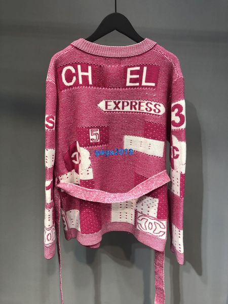 

high end women girl knit sweater jacket patchwork letter plaid motif tie waist long sleeve knitwear runway fashion design cardigan outerwear, White;black