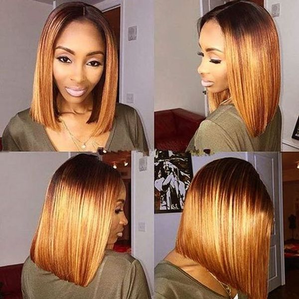 

4x4 бразильский короткий боб кружева перед парики 1b / 30 цвет ombre кружева перед парики человеческих волос для женщин реми перуанский прям, Black;brown