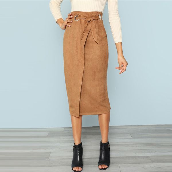 

designer women skirts brown tie waist bodycon work skirt zip back mid calf wrap knot split back women elegant pencil midi skirt, Black