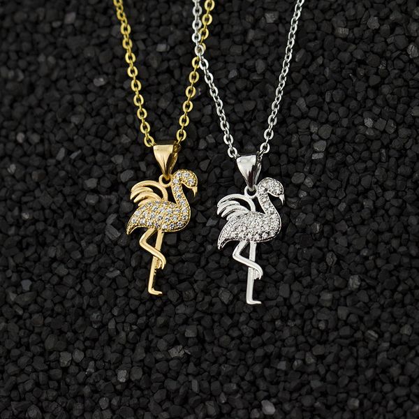 

wholesale 10pcs/lot elegant flamingo pendant necklace jewelry gold silver cute bird crystal choker necklaces for women bff gifts