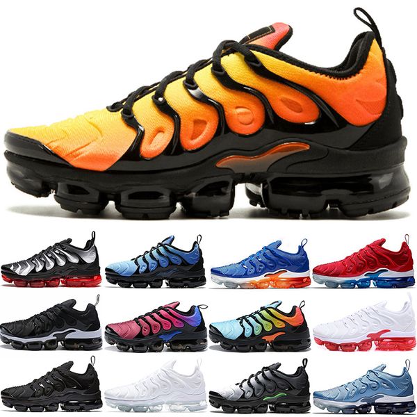 

2019 Xamropav TN Plus Men Women Running Shoes Sunset Triple Black White Game Royal Work Blue Volt Athletic Trainer Sport Sneaker Size 36-45