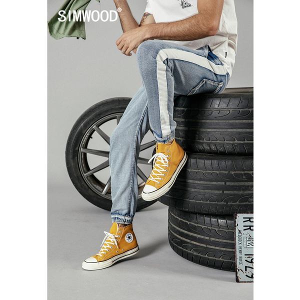 

simwood 2019 summer new jeans men fashion drawstring contrast piping track ankle-length fashion thin jeans denim pants 190210, Blue