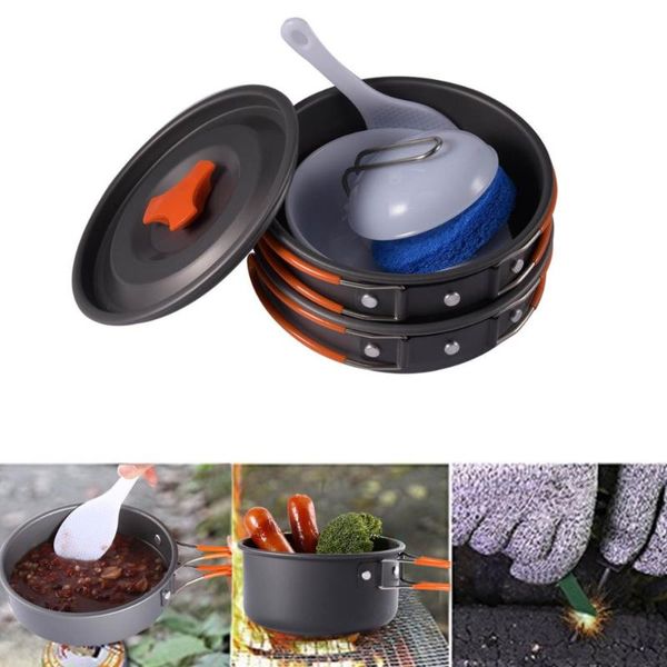 

1-2 person 8pcs outdoor camping hiking picnic bbq cookware backpacking cooking picnic bowl pot fry pan dinner survival equipment