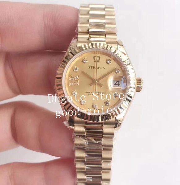

luxury ladies 28mm champagne diamond watches yellow gold ladys automatic eta 2671 movement watch women 279178 datejust fashion wristwatches, Slivery;brown