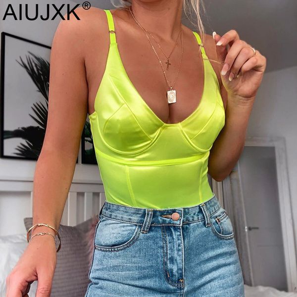 

aiujxk new arrival 2019 neon green bodysuit women summer v neck backless spaghetti strap club bodysuits fashion body top, Black;white