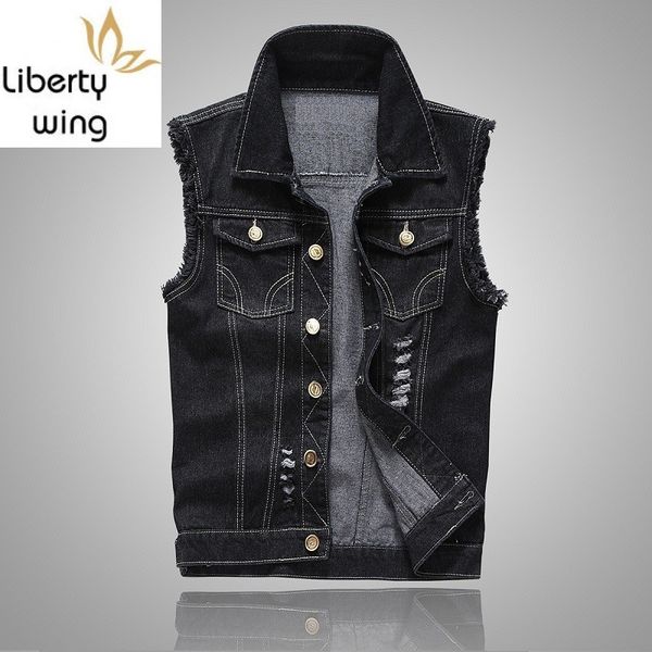 

men's vests mens fashion summer slim fit distressed sleeveless gilet homme korean style casual biker man denim vest, Black;white