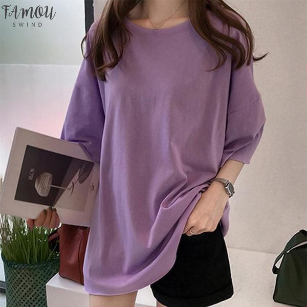 

korean style spring autumn o neck half sleeve t shirt long section color loose women female fashion casual long tees, White