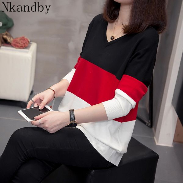 

plus size striped korean knitted sweaters women 2019 autumn winter fashion loose v neck ladies knitwear oversized jumpers, White;black