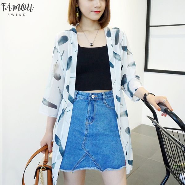 

summer print chiffon long cuver up blouse 3 4 sleeve 4 sleeve kimono cardigan blusas open stitch casual loose blouse sunscreen shirts, White