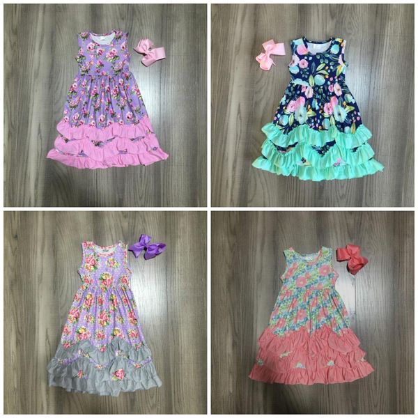 

new summer baby girls cotton maxi dress milk silk pink lavender floral ruffles sleeveless children clothes match accessory bow y200623, White