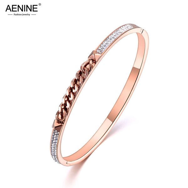 

aenine rose gold stainless steel chain & rivet cubic zirconia cuff bangles bracelets lovers jewelry valentine's day gift ab19028, Black