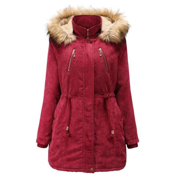 

Women's Casual Warm Winter Jacket Fashion Parka Fur Hood Coat Corduroy Ladies Long Thick Cashmere Lined Outwear Plus Size, Black