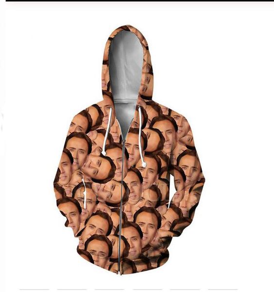 

new fashion sweatshirt hoodies men women the giant blown up face of nicolas cage sweatshirts harajuku oversized zip jacket clothes, Black;brown