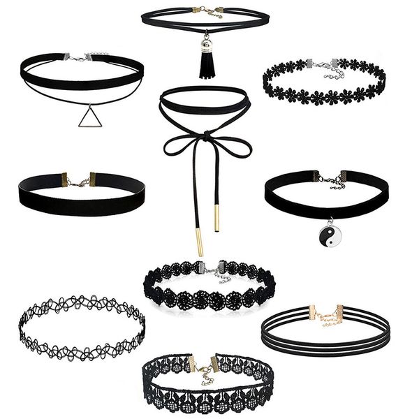 

2019 new 10 pieces choker necklace set stretch velvet classic gothic tattoo lace choker fashion women girls jewerly chains s*60, Silver