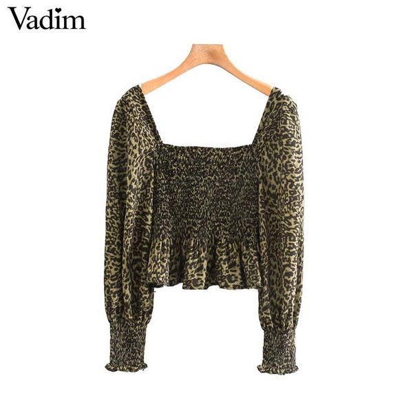 

vadim женщины шикарный леопардовым принтом площади воротник блузки с длинным рукавом плиссированные короткая рубашка женская стильная растен, White