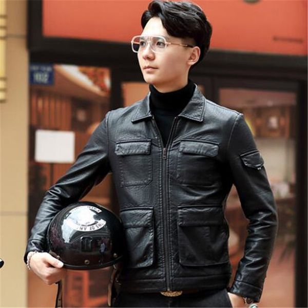 

new autumn temperament youth men leather jacket sheepskin jacket coat slim was thin short leather coat men, Black