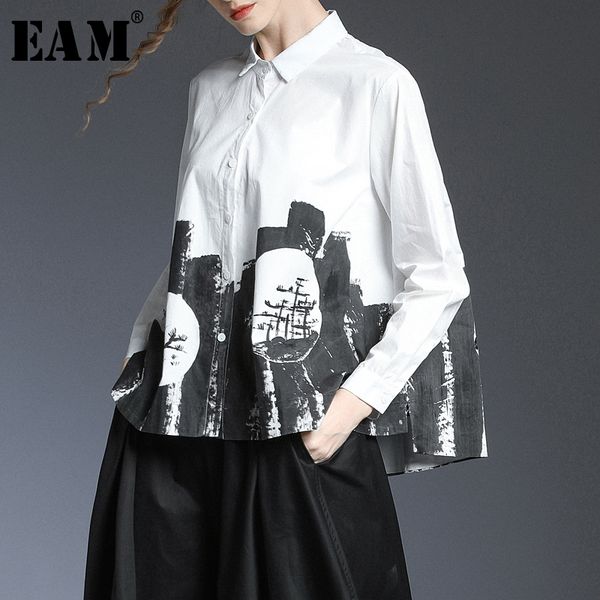 

eam] women white pattern printed big size blouse new lapel long sleeve loose fit shirt fashion tide spring autumn 2020 1t420