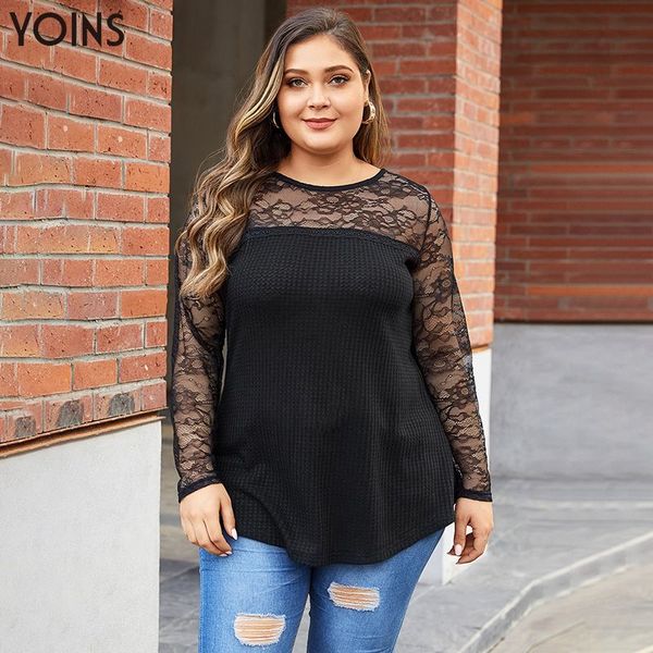 

yoins hollow patchwork lace insert curved hem round neck blouse 2019 stylish women shirts female plus size knitted blusas, White