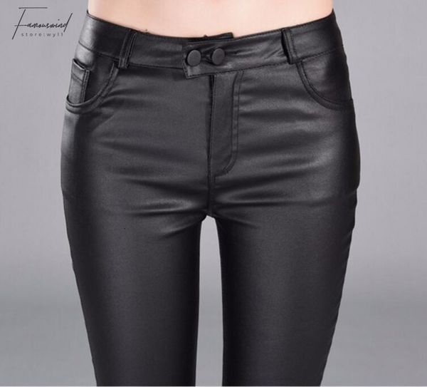 

womens pants winter autumn women leather pants waisted elastic shiny trousers slim female pencil leather pants women pantalon femme, Black;white