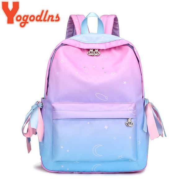 

yogodlns crown oxford bag luminous pupils good quality school backpack students leisure rucksack female star nylon backpack