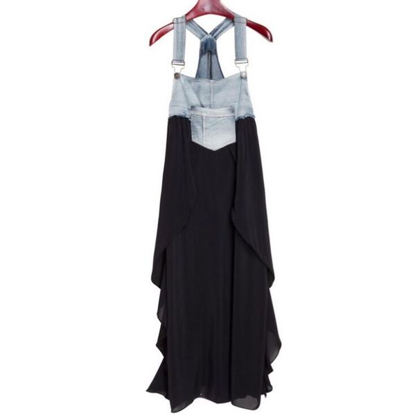 

2020 europe and the united states new fat mm ruffle skirt loose chiffon skirt denim belt skirt dress large swing, Black;gray