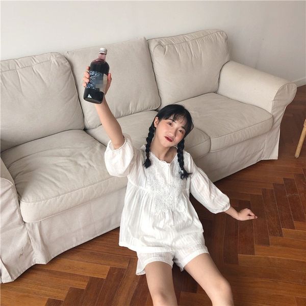

new fashion female cute vintage white sleepwear girls three quarter sleeve hollow out pyjamas sets, Blue;gray
