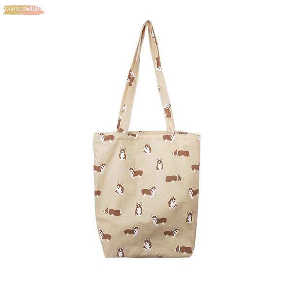 

corgi dog print open cotton canvas handbag women cute shoulder bag casual fashion tote shopping bag womens bags tote feminina