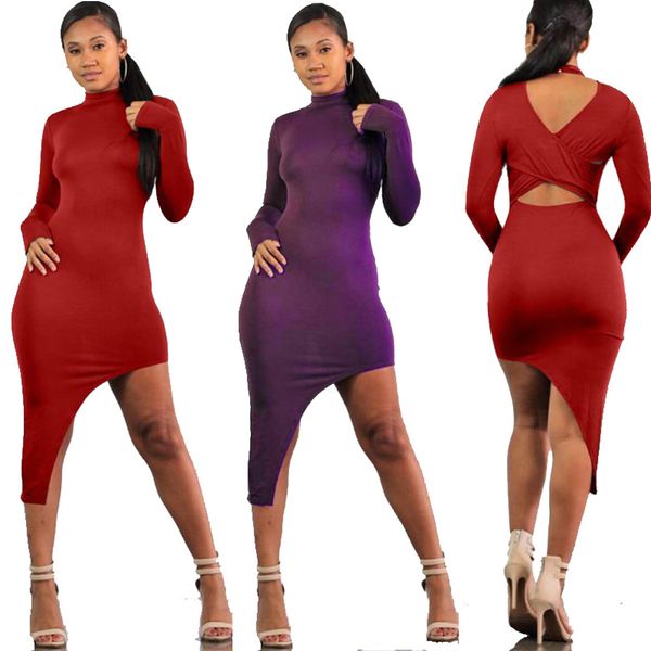 

womens designer solid color banquet dress v-neck long sleeve hip split dress u0aw, Black;gray