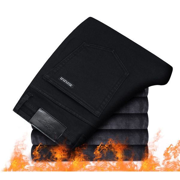 

men thick jeans trousers grey fleece men clothes black elasticity warm winter jeans business casual male denim slim pants, Blue