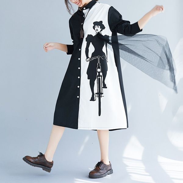 

womens dress women clothes spring 2019 new loose long sleeve print black white patchwork lapel single breasted loose shirt dress aa250, Black;gray