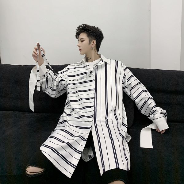 

весна черный белый полосатый лоскутное мужчины длинные рубашки ленты хип-хоп уличная одежда человек винтаж мода с длинным рукавом рубашки бл, White;black
