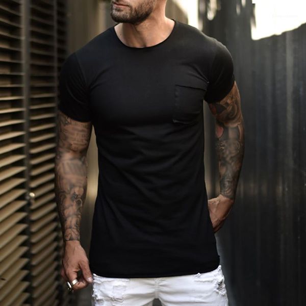 

solid color pocket mens designer tshirts o neck short sleeve slim skinny tees black white fashion summer shirts, White;black