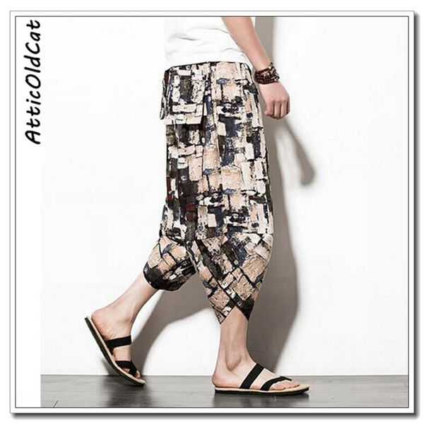 

2019 mens cotton linen pants male summer hip-hop ankle-length pants man pattern print baggy loose trousers, Black