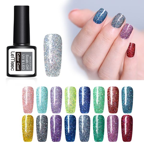 

lemooc 8ml starry sky laser uv gel nail polish 24 colors glitter sequins nail gel varnish soak off uv led art lacquer, Red;pink