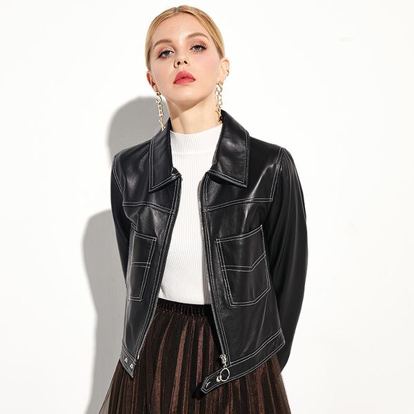 

casual lapels leather women's slim jacket 2018 new short leather sheepskin motorcycle jacket spring and autumn models, Black