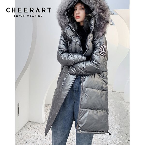 

cheerart long winter down jacket women parka fur hooded coat iridescent puffer jacket quilted overcoat parkas downs 2019, Black